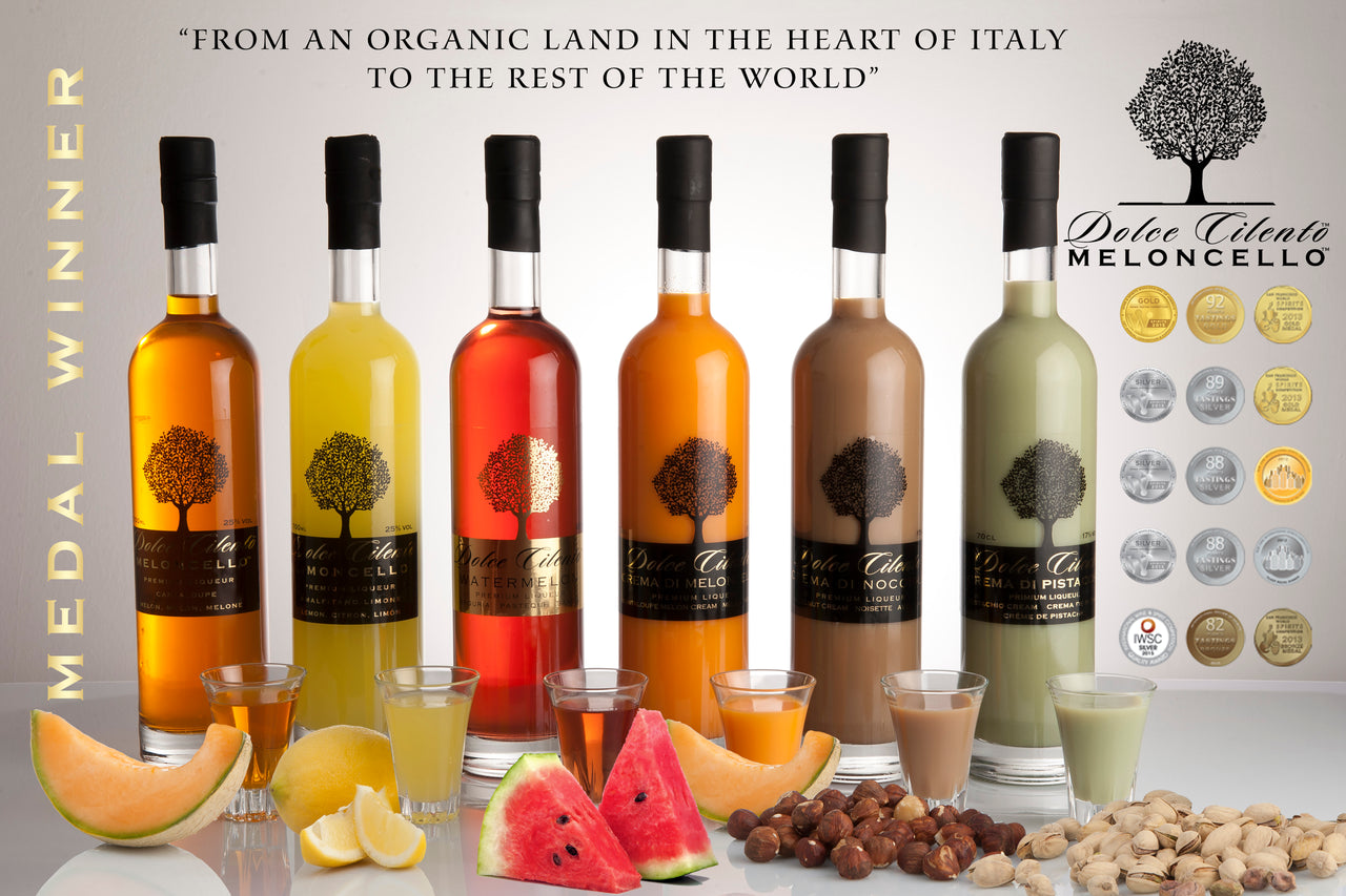 Fruit Liqueur Set 6x Bundle Pack Dolce Cilento Bundle Melon Liquor, Limoncello, Watermelon Liqueur, Cream Melon, Cream Hazelnut & Pistachio 6x 700ml (25% &17%) - Dolce Cilento Meloncello Limoncello